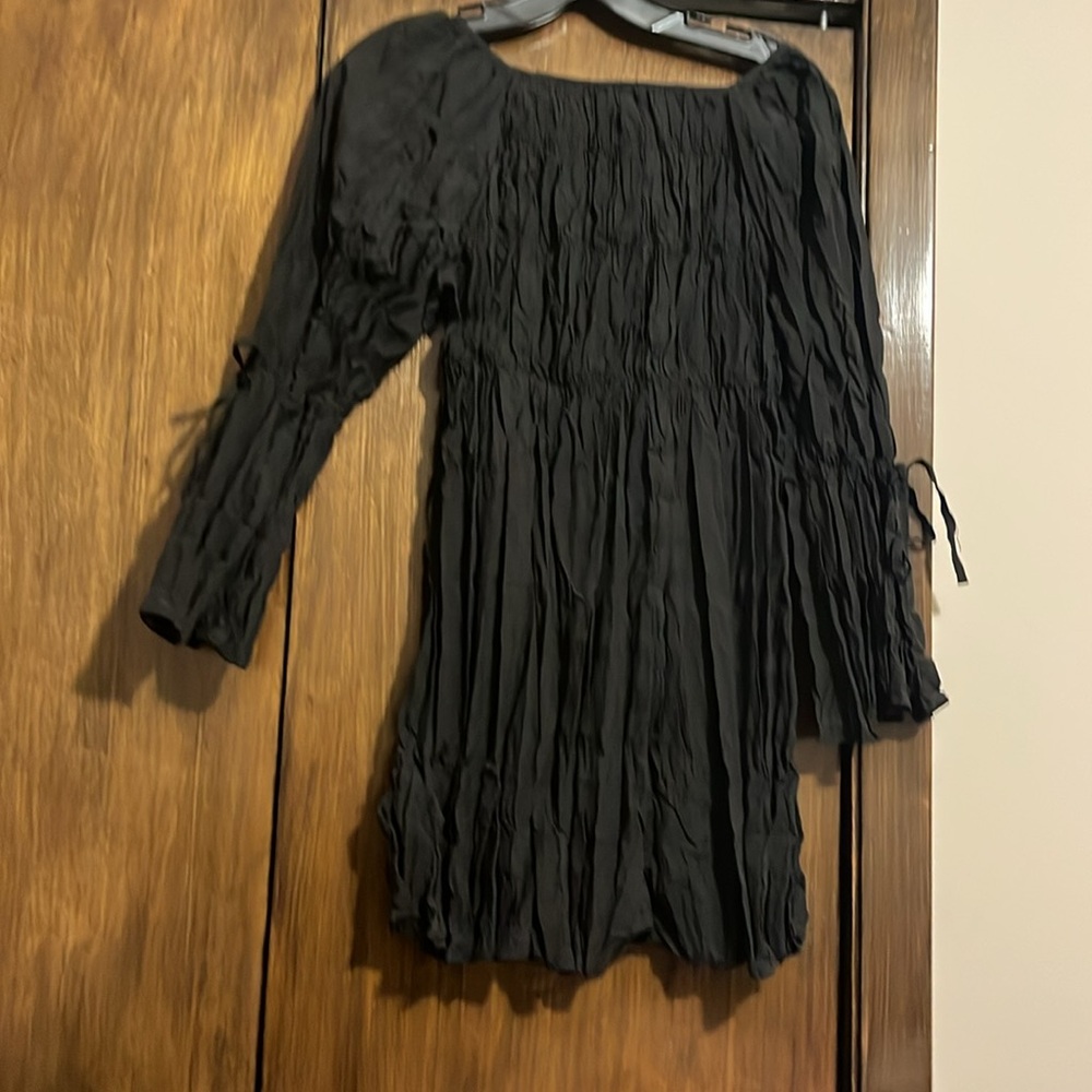 Nice Claup Black Ruffled Smocked Mini Dress with Bishop Sleeves